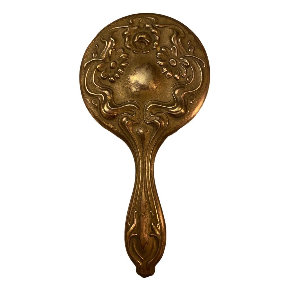 Antique Art Nouveau Miniature Brass Hand Mirror